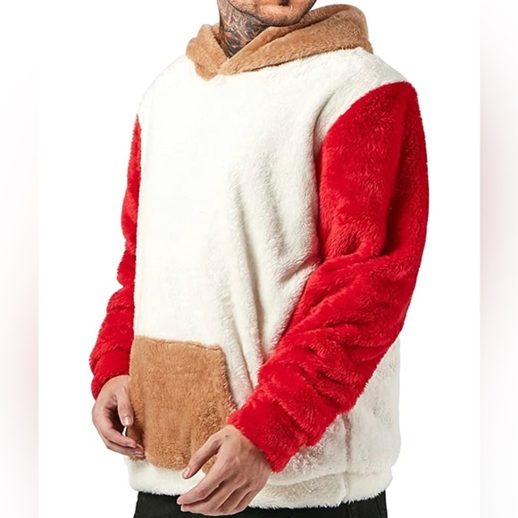 BRAND NEW MENS TRENDY MULTICOLOR COLORBLOCK FUZZY SHERPA HOODIE NWT - Picture 4 of 4